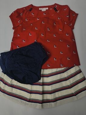 Janie and Jack Red Short-Sleeve Top with Navy Bloomer and Cream Striped Skirt